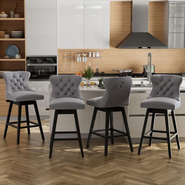 26 in. Gray Velvet Upholstered Solid Wood Frame Counter Height Bar Stool Swivel Counter Stool (Set of 4)