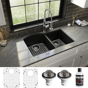 QU-610 Quartz/Granite 32 in. Double Bowl 60/40 Undermount Kitchen Sink in Black with Bottom Grid and Strainer