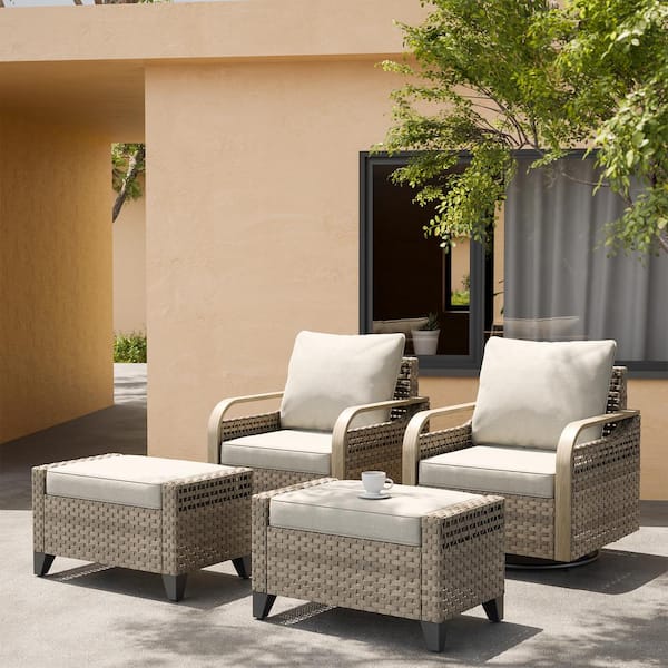 EAGLE PEAK 4-Piece Brown Swivel Rocking Wicker Outdoor Lounge Chair with Gray Cushions with Ottomans
