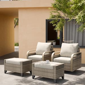 4-Piece Brown Swivel Rocking Wicker Outdoor Lounge Chair with Gray Cushions with Ottomans