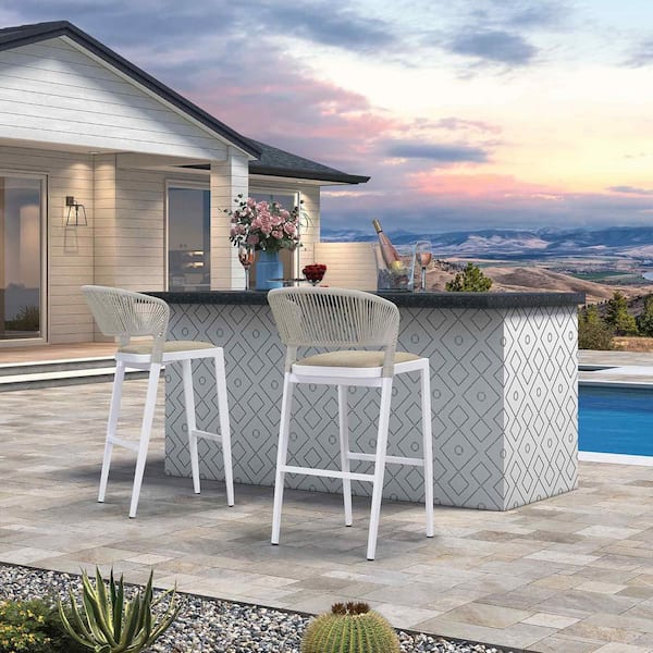 PURPLE LEAF Modern Aluminum Low Back Rattan Bar Height Outdoor Bar Stool with Backrest and Umber Cushion, White(2-Pack)