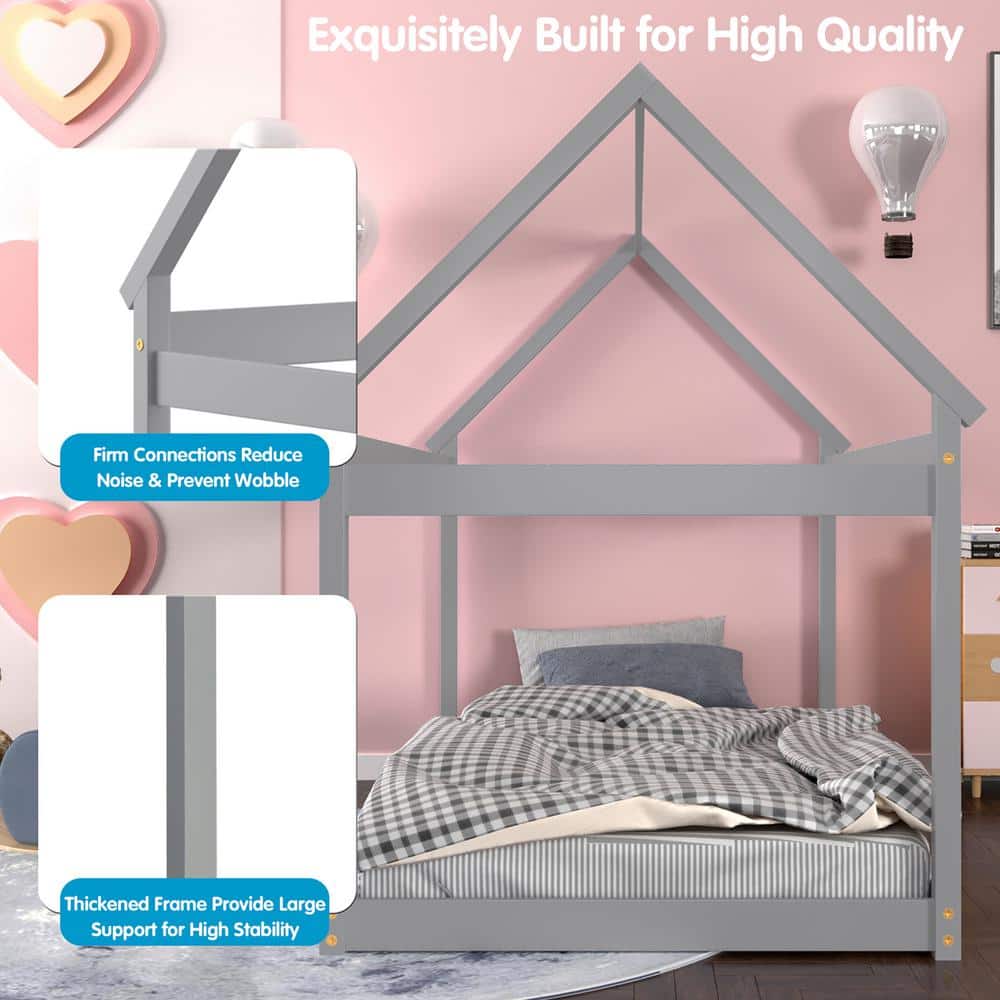 Gray Twin House Bed with Wood Frame and Roof