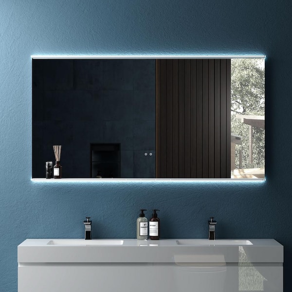 Unbranded 60 in. W x 32 in. H LED Rectangular Framed Wall Bathroom Vanity Mirror with Temperature Adjustable and Shelf in White