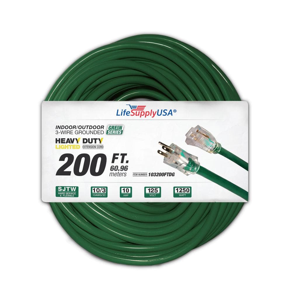 LifeSupplyUSA 200 ft. 10/3 SJTW w/Lighted end Green Indoor/Outdoor Heavy-Duty  Extra Durability 10 Amp 125V 1250-Watt Extension Cord 103200FTDG The Home  Depot