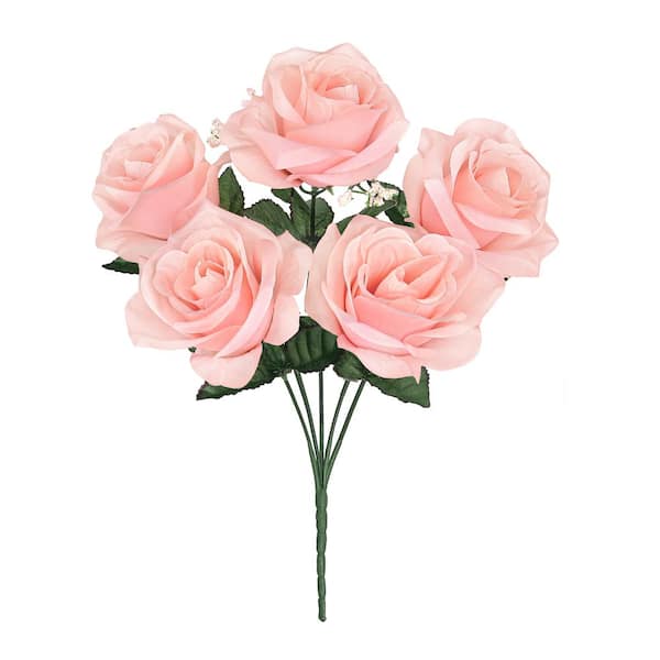 LIVING LUXURY 14 in. Pink Peach Artificial Open Rose Flower Stem Bush Bouquet (Set of 12)