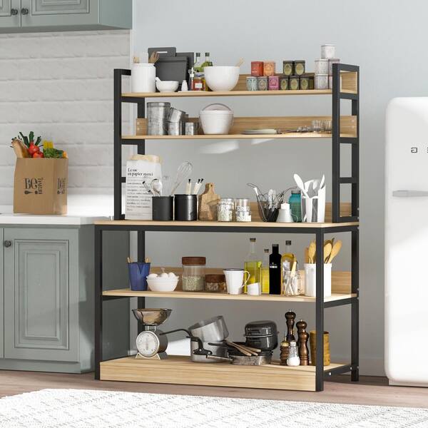 Beige Wood 5 Tier Standing Baker S Racks Storage Shelf Shelving Unit Organizer Rack With Metal Leg Kitchen Garage Home Tcht Lwjhj0053 03 The Home Depot