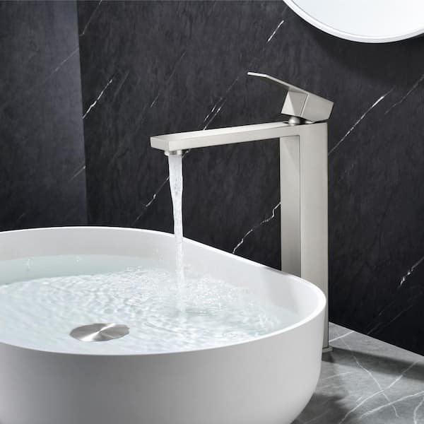Single Handle Vessel Sink Faucet with Pop-Up Drain, Tall Single Hole Bathroom Faucet in Brushed Nickel