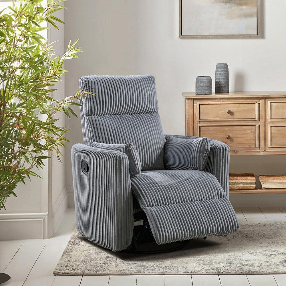 Gray Corduroy Swivel Glider Recliner with Wood Accents