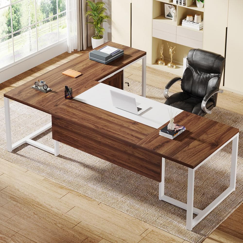 Walnut and White L-Shaped Executive Desk with Filing Cabinet