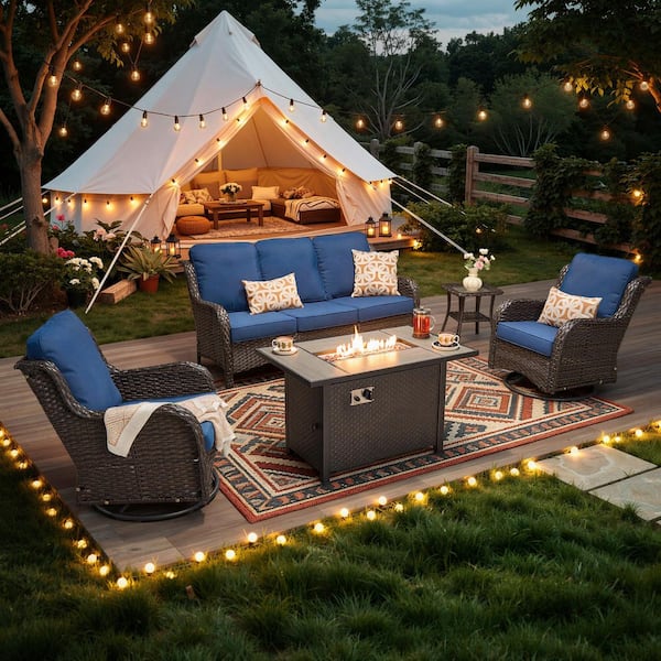 Joyoung Brown 5-Piece Wicker Patio Rectangle Fire Pit Conversation Set with Navy Blue Cushions and Swivel Chairs