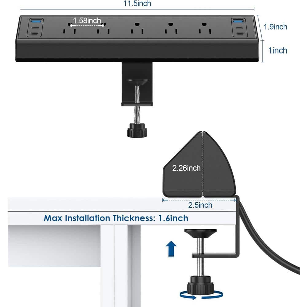 Black Desk Clamp Power Strip with USB-C and 5 AC Outlets