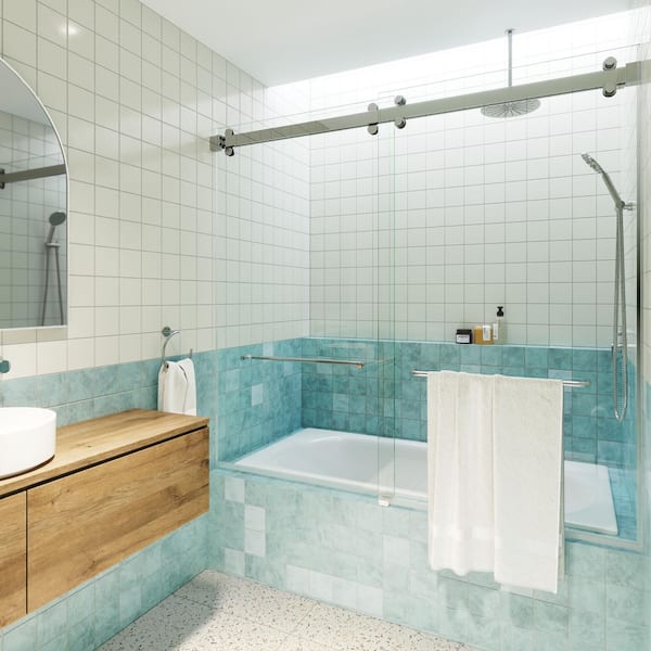 Polaris 60 in. W x 66 in. H Sliding Frameless Bathtub Door with Square Hardware in Chrome with Clear Glass