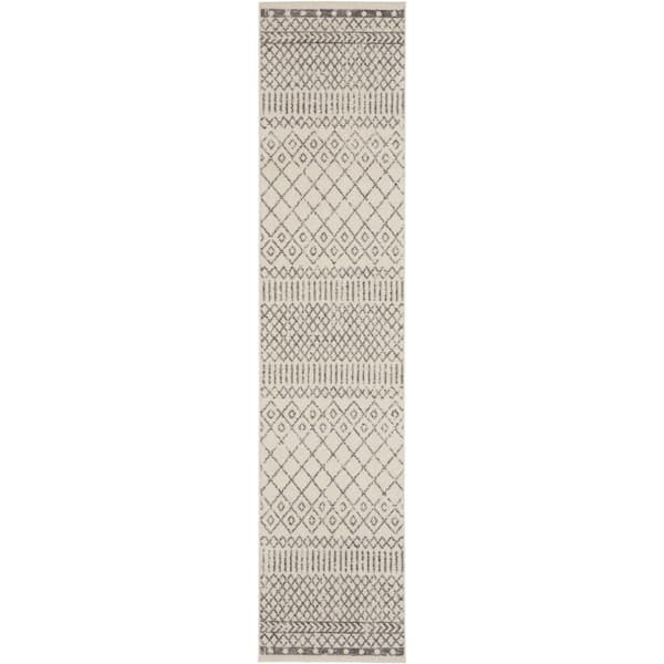 Nourison Passion Ivory Grey 2 ft. x 12 ft. Geometric Transitional Runner Area Rug