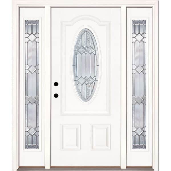 Feather River Doors 67.5in.x81.625in. Mission Pointe Zinc 3/4 Oval Lt Unfinished Smooth Right-Hd Fiberglass Prehung Front Door w/Sidelights