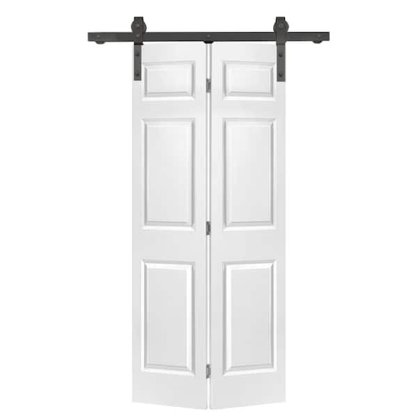 CALHOME 30 in. x 84 in. Hollow Core 6 Panel Primed White Composite Bi-Fold Barn Door with Sliding Hardware Kit