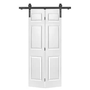 36 in. x 80 in. 6-Panel White Painted MDF Composite Bi-Fold Barn Door with Sliding Hardware Kit