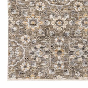Grey and Tan 3 ft. x 5 ft. Floral Power Loom Stain Resistant Fringe with Area Rug