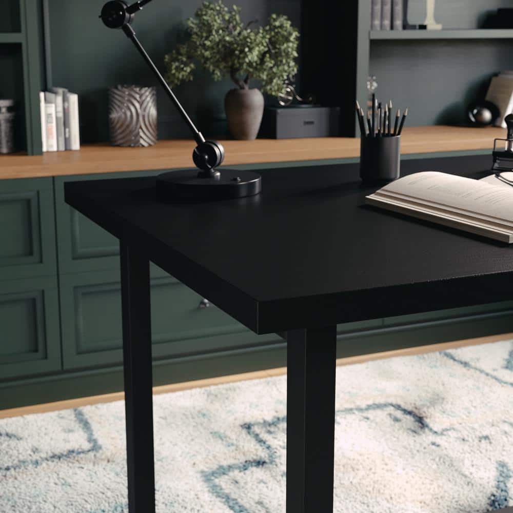 Black Wood Grain Trestle Desk with Open Shelving