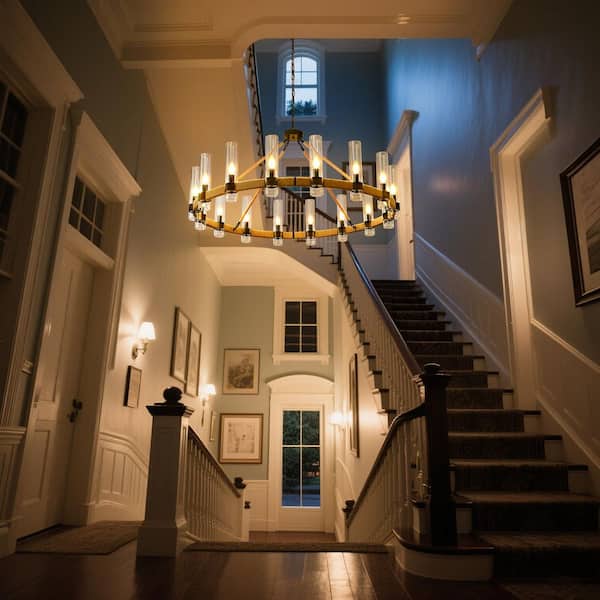 Farmhouse 16-Light Black Wagon Wheel Rustic Chandelier with Clear Glass Shade and Rattan Accents for Dinning Room