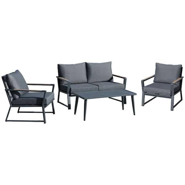 FORCLOVER 4-Piece Aluminum Patio Conversation Set with Dark Gray Cushions