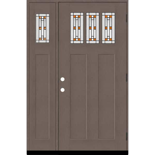 Steves & Sons Regency 53 in. x 80 in. 3Lite Amberton Deco Glass LHOS Ashwood Stain Fir Grain Fiberglass Prehung Front Door w/14in.SL