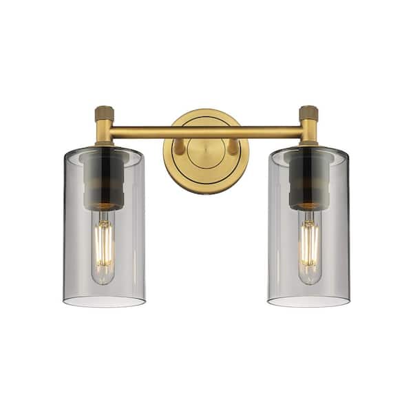 Innovations Crown Point 13.88 in. 2-Light Brushed Brass Vanity Light with Glass Shade