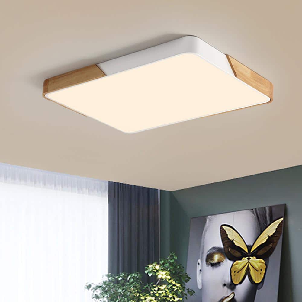 HUOKU Lumin 34.7-in. Integrated LED Wood and White Flush Mount