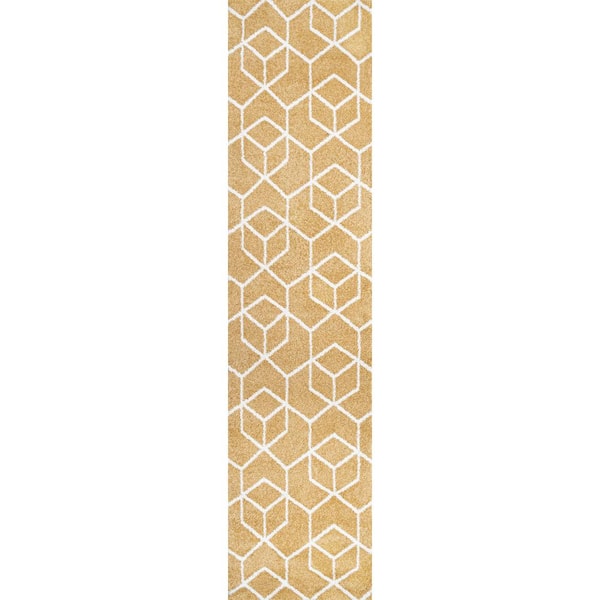 Tumbling Blocks Modern Geometric Gold/White 2 ft. x 8 ft. Area Rug