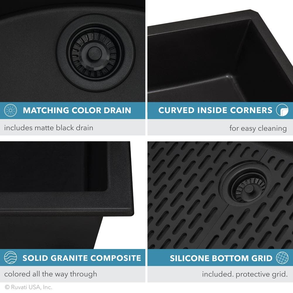 Midnight Black Granite Composite Undermount Single Bowl Kitchen Sink