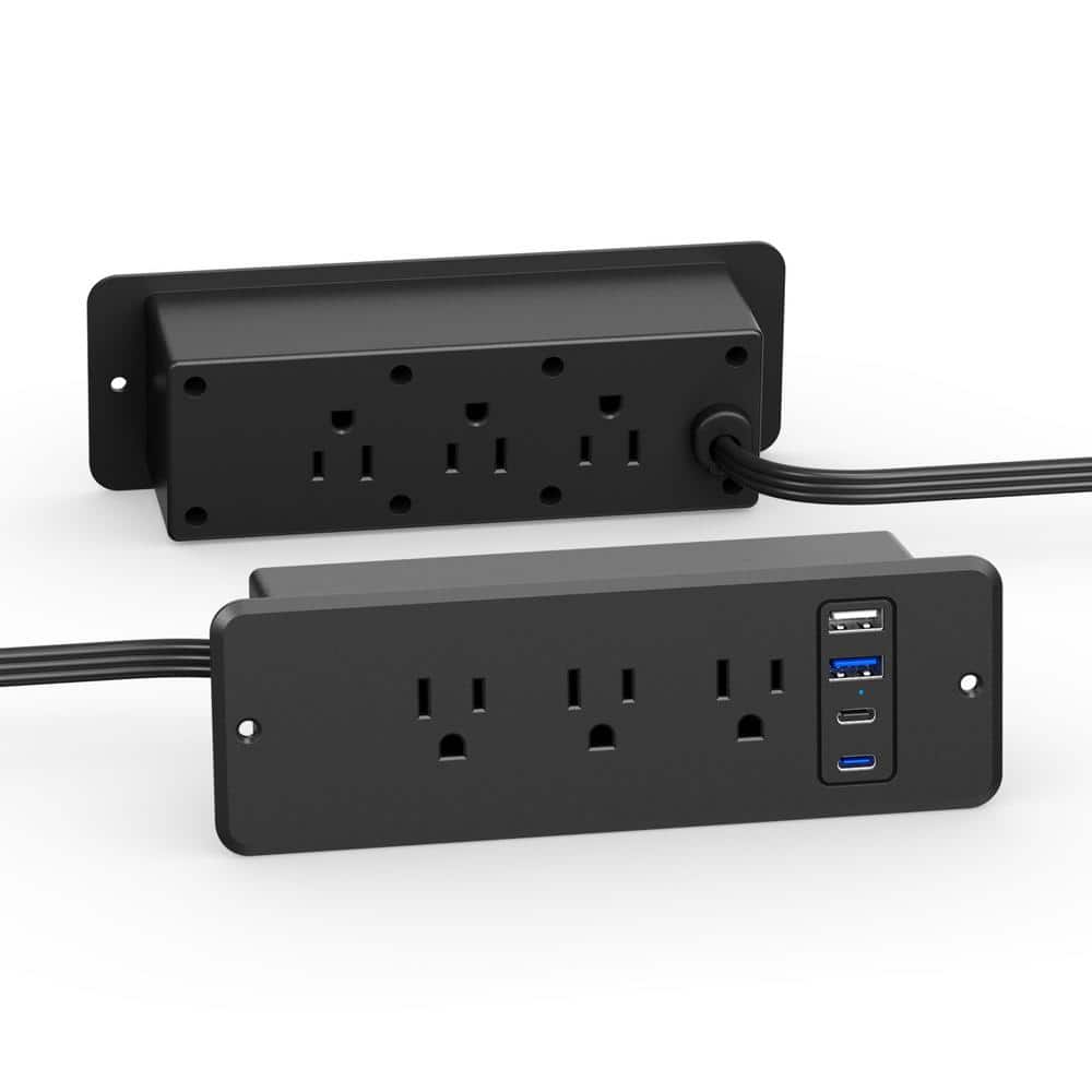 Black Recessed Power Strip with USB C Port for Desk or Table