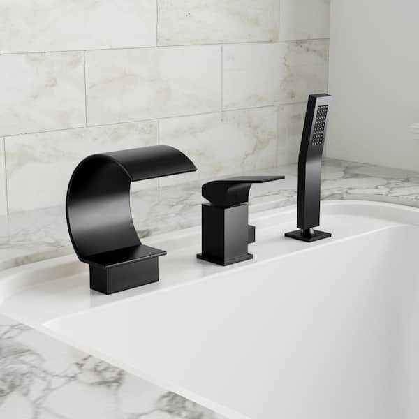 EVERSTEIN Single-Handle Tub-Mount Roman Tub Faucet with Hand Shower in Matte Black