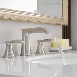 Waterfall Double Handle 3-Hole 8 in. Widespread Bathroom Faucet with Pop Up Drain in Brushed Nickel