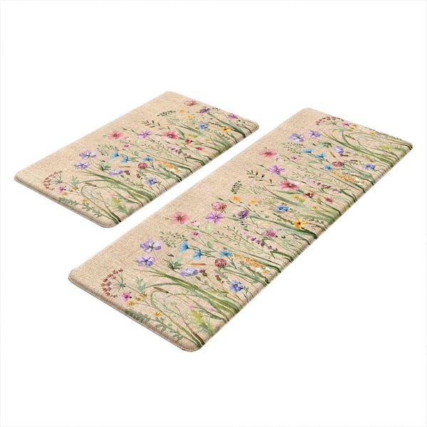 Brown 17 in. x 47 in. +17 in. x 29 in. Floral Indoor Kitchen Rugs Sets of 2