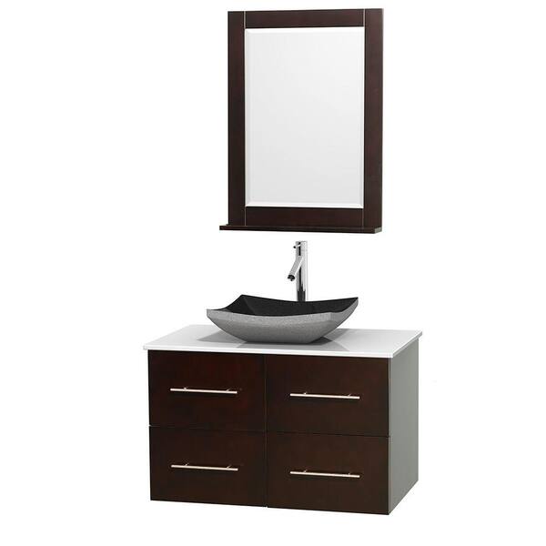Wyndham Collection Centra 36 in. Vanity in Espresso with Solid-Surface Vanity Top in White, Black Granite Sink and 24 in. Mirror