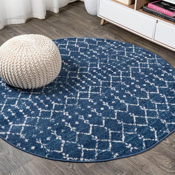 Moroccan Hype Boho Vintage Diamond Blue/White 5 ft. Round Area Rug