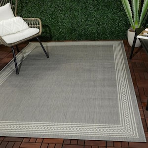 Grey with White Multi Border 5 ft. 3 in. x 7 ft. Indoor/Outdoor Patio Area Rug