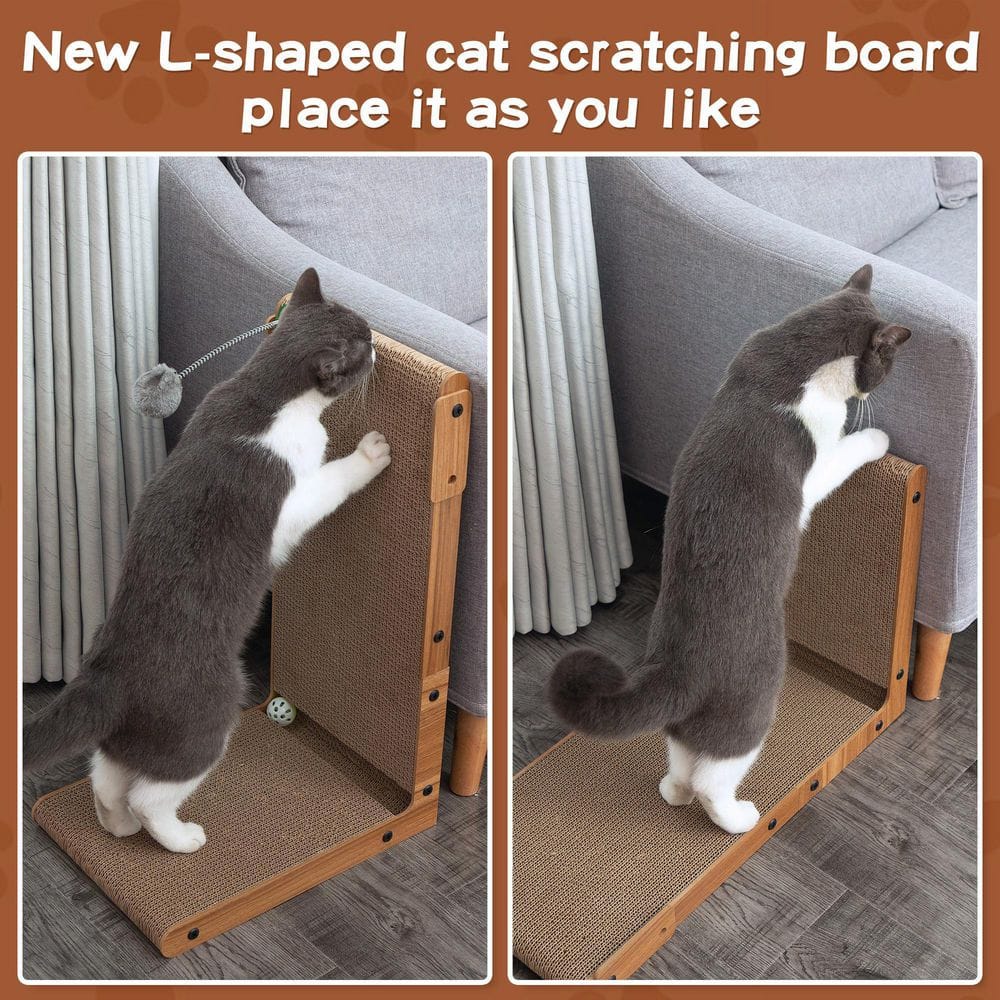 L-Shaped Brown Cardboard Cat Scratcher with Toy