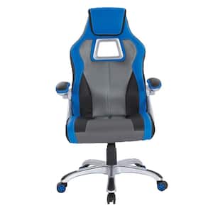 Race Chair in Charcoal Grey with Blue Trim, White Stitching and Silver Base