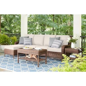 Cambridge 5-Piece Brown Wicker Outdoor Patio Sectional Sofa Seating Set with CushionGuard Almond Tan Cushions