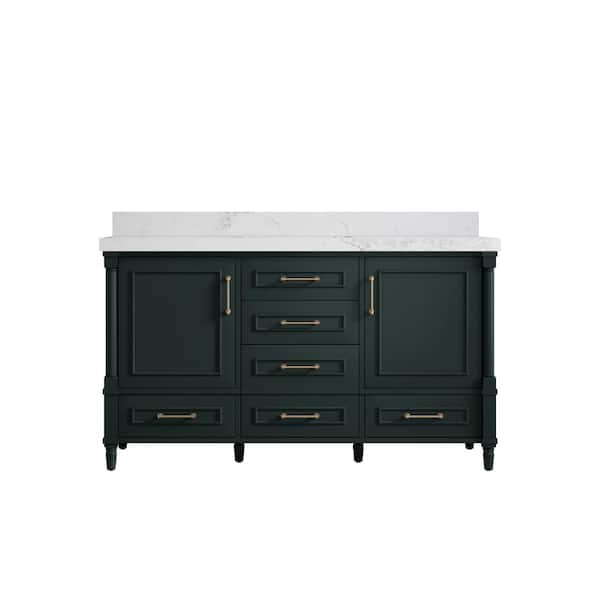 Willow Collections Hudson 60 in. W x 22 in. D x 36 in. H Single Sink Bath Vanity in Dark Green with 2 in Calacatta Nuvo Quartz Top