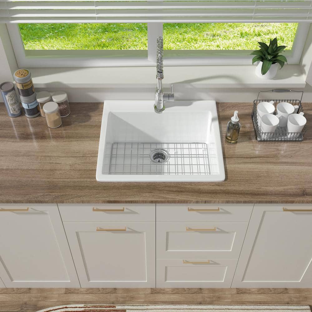 24'' White Fireclay Drop-In Single Bowl Kitchen Sink