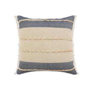 Atlantis Tan / Blue Striped Fringed Jute Braided Poly-fill 20 in. x 20 in. Decorative Indoor Throw Pillow