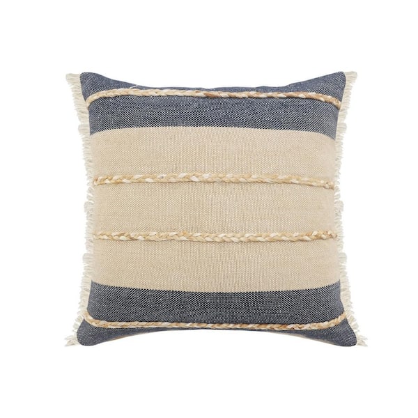 LR Home Atlantis Tan / Blue Striped Fringed Jute Braided Poly-fill 20 in. x 20 in. Decorative Throw Pillow