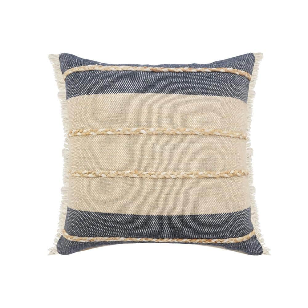 Atlantis Tan / Blue Striped Fringed Jute Braided Poly-fill 24 in. x 24 in. 