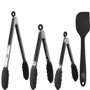 Non-Stick Silicone Tip Black Stainless-Steel Tongs and Spatula (Set of 4)