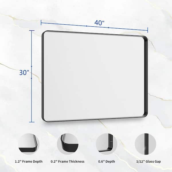 30 in. W x 40 in. H Modern Rectangular Aluminum Alloy Framed Rounded Black Wall Mirror