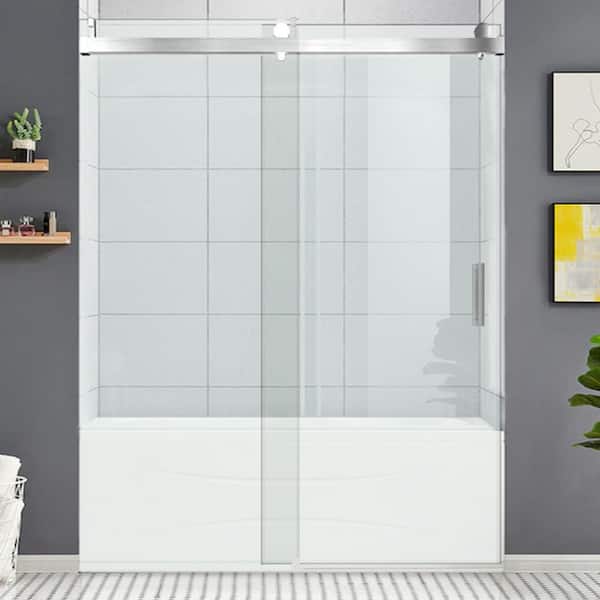 ANGELES HOME 66-72 in W. x 76 in H. Frameless Single Sliding Soft Close Shower Door in Brushed Nickel,3/8 in.(10 mm) Tempered Glass