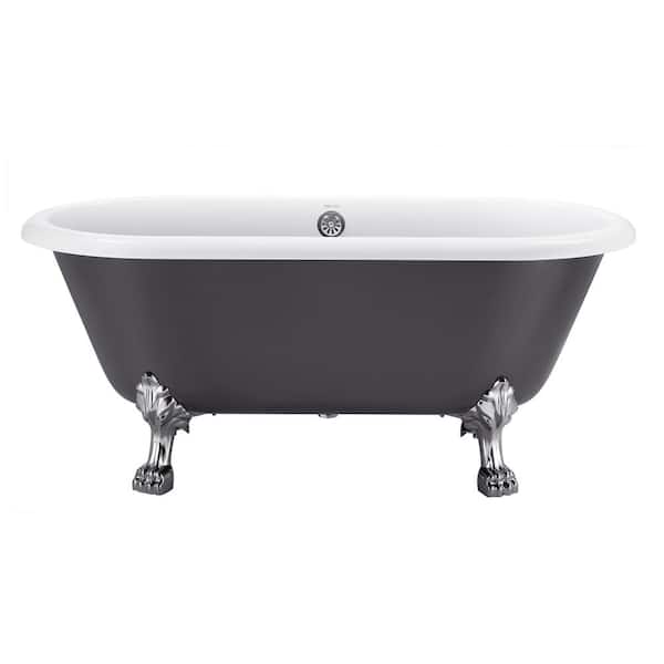 VANITYFUS 58.5 in. Acrylic Freestanding Clawfoot Soaking Bathtub in Grey with Brass Drain and Overflow