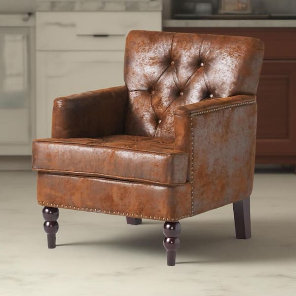 Benjara Lit Brown and Black Microfiber Accent Chair with Button Tufted