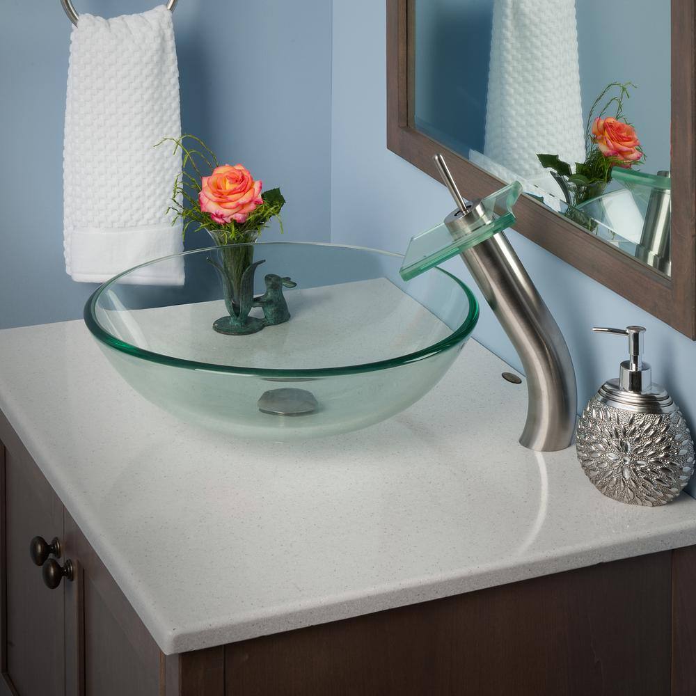 Brushed Nickel and Clear Glass Waterfall Vessel Faucet